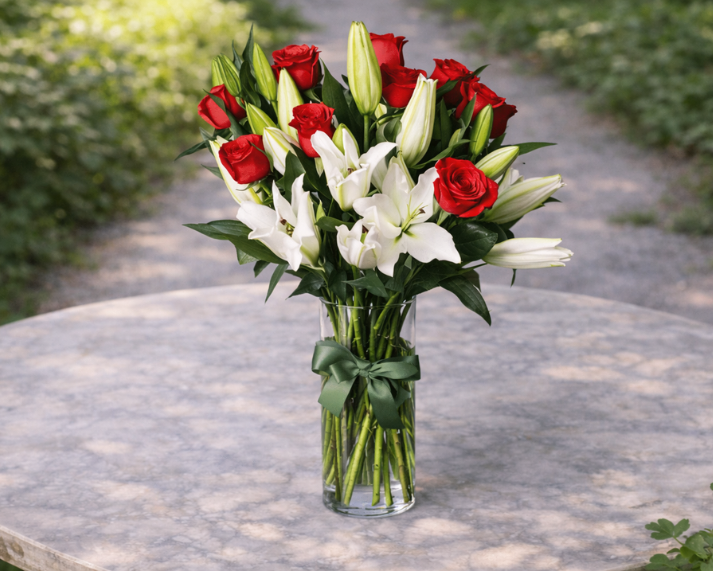 white lilies and red roses in a vase