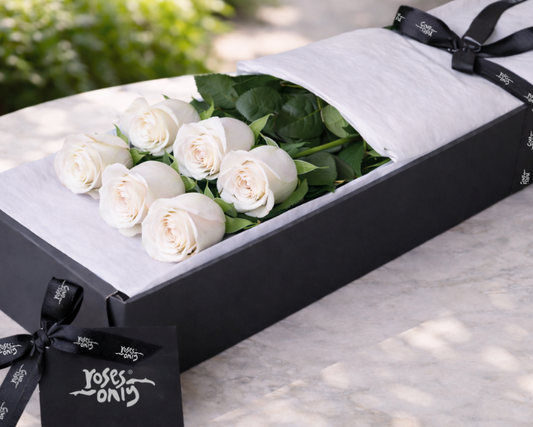 long stemmed white roses in gift box