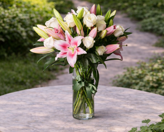 pink lilies and white roses