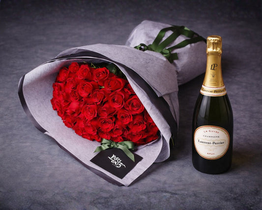 RO UK Vday Red Roses Magnificent Bouquet and Champagne