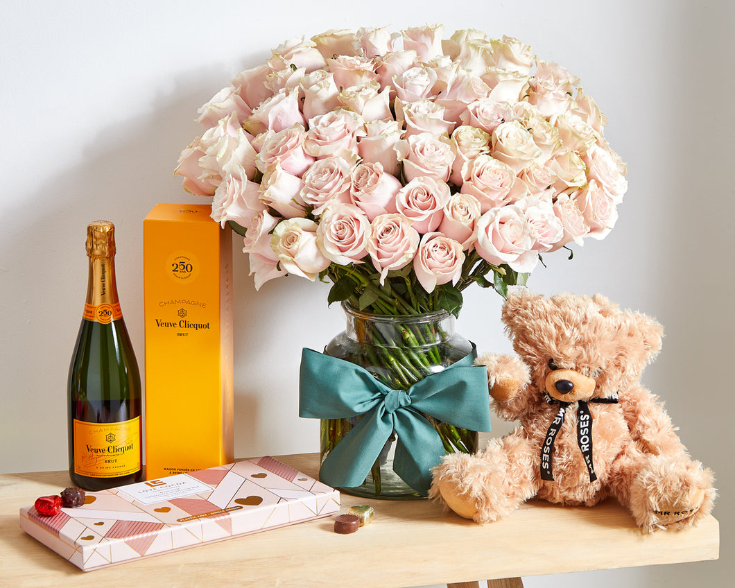 100 Pink Roses, Chocolates, Veuve & Bear