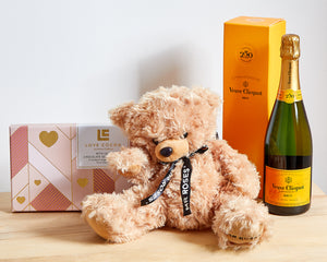 100 Red Roses, Chocolates, Bear & Veuve