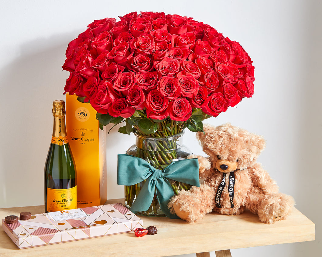 100 Red Roses, Chocolates, Bear & Veuve