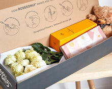 100 White Roses, Chocolates, Bear & Veuve