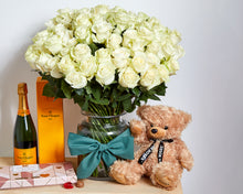 100 White Roses, Chocolates, Bear & Veuve