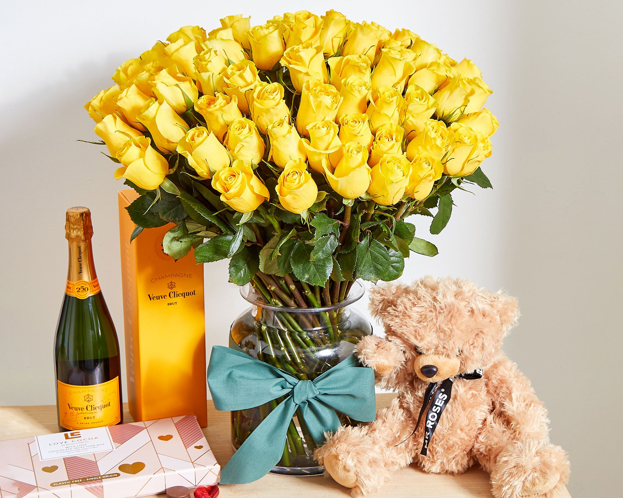 100 Yellow Roses, Chocolates, Bear & Veuve | Roses Only UK