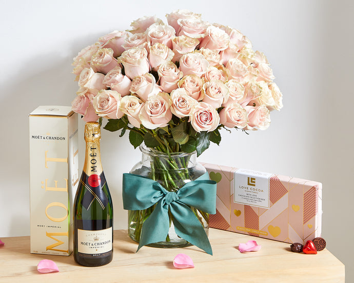 50 Pink Roses, Chocolates & Moet