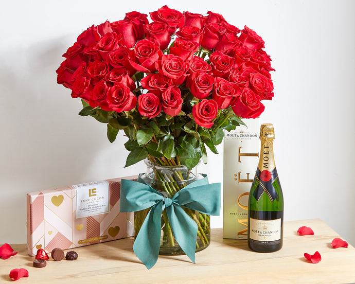 50 Red Roses, Chocolates & Moet